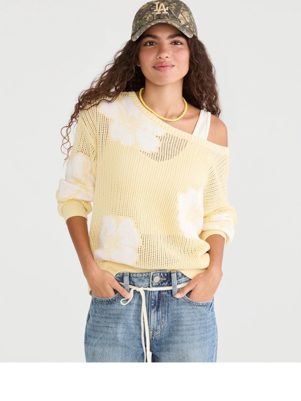 BNWT Aeropostale Hibiscus Slouchy Open-Knit Boat/Neck Sweater. Size XL.